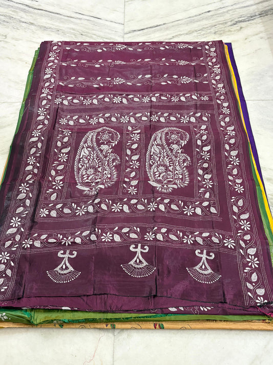 Blended Murshidabad Silk Hand Crafted Kantha Stitch Saree