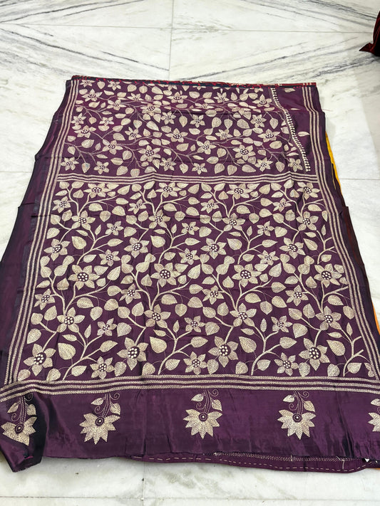 Blended Bangalore Silk Hand Crafted Kantha Stitch Saree