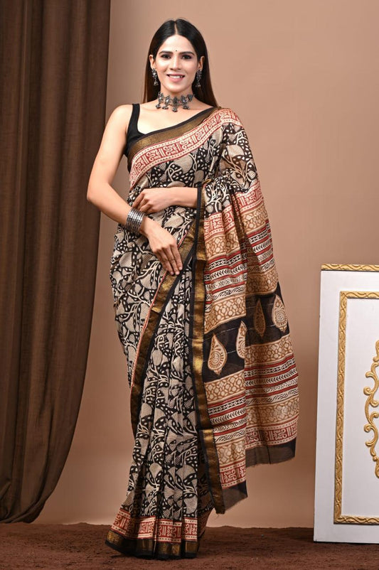 Natural Color Hand Block Print Saree