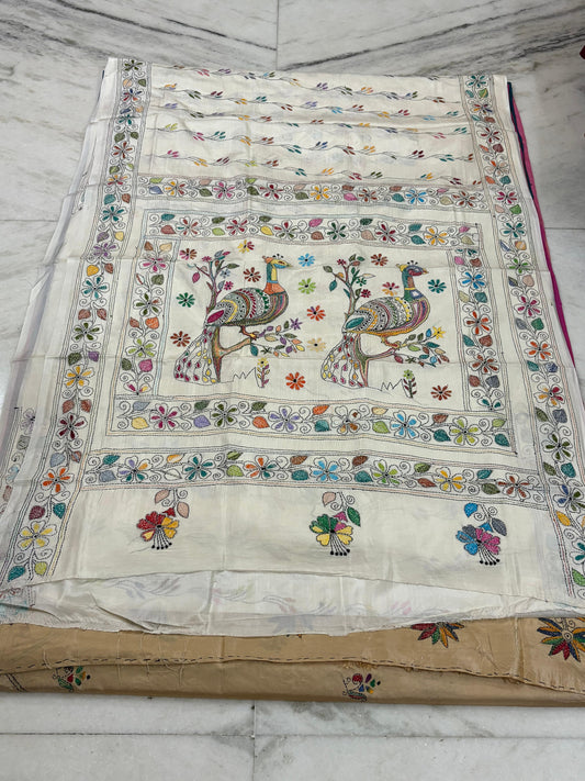 Blended Bangalore Silk Hand Crafted Kantha Stitch Saree