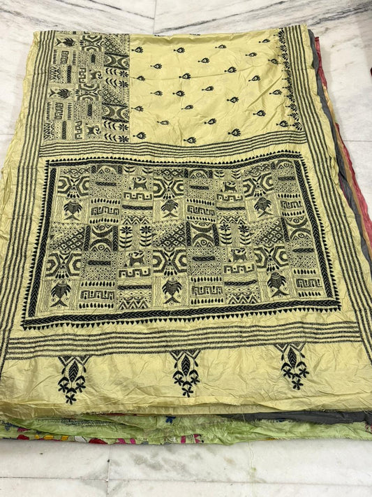 Pure Bangalore Silk Hand Crafted Kantha Stitch Saree