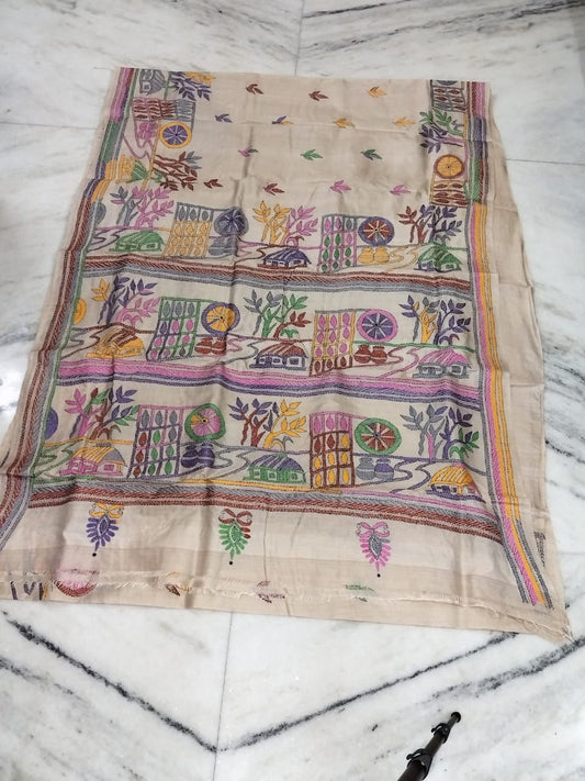 Pure Gachhi Tussar Handicrafts Kantha Stitch Saree