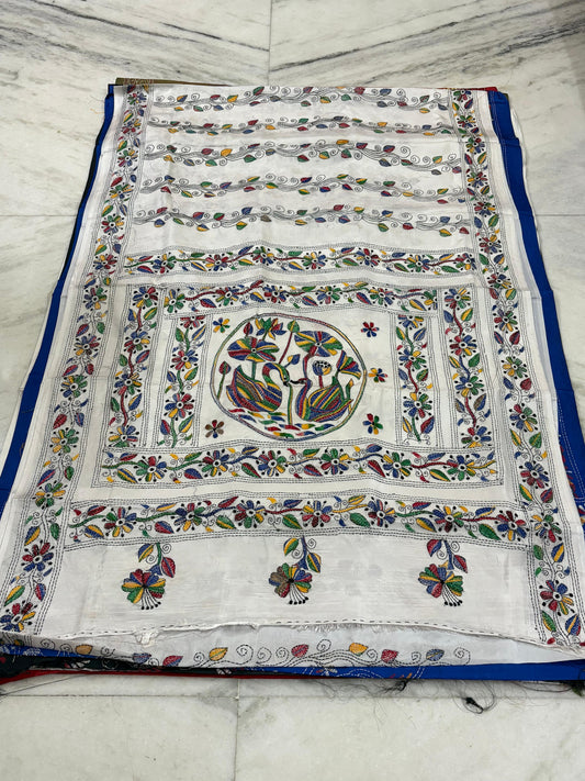 Blended Murshidabad Silk Hand Crafted Kantha Stitch Saree