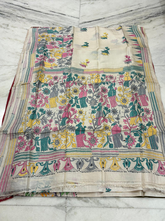 Korean Tussar Handicrafts Kantha Stitch Saree