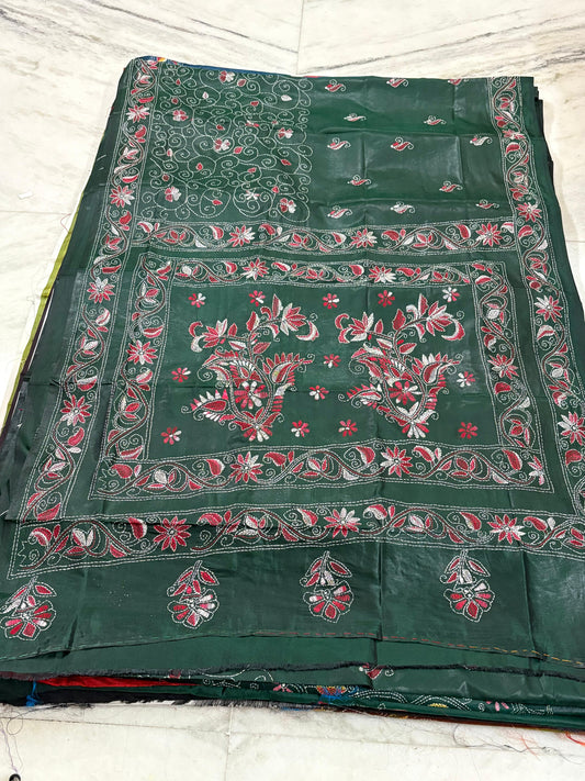 Blended Bangalore Silk Hand Crafted Kantha Stitch Saree