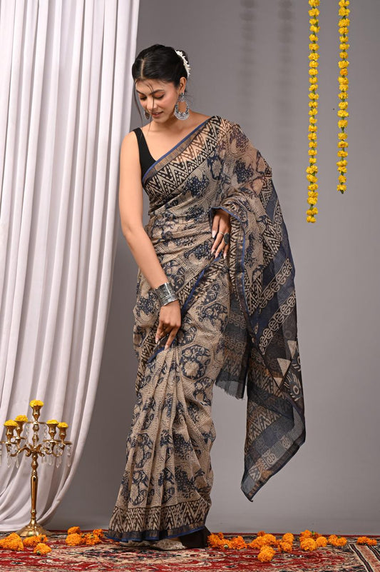 Hand Block Printing Saree on Kota Silk