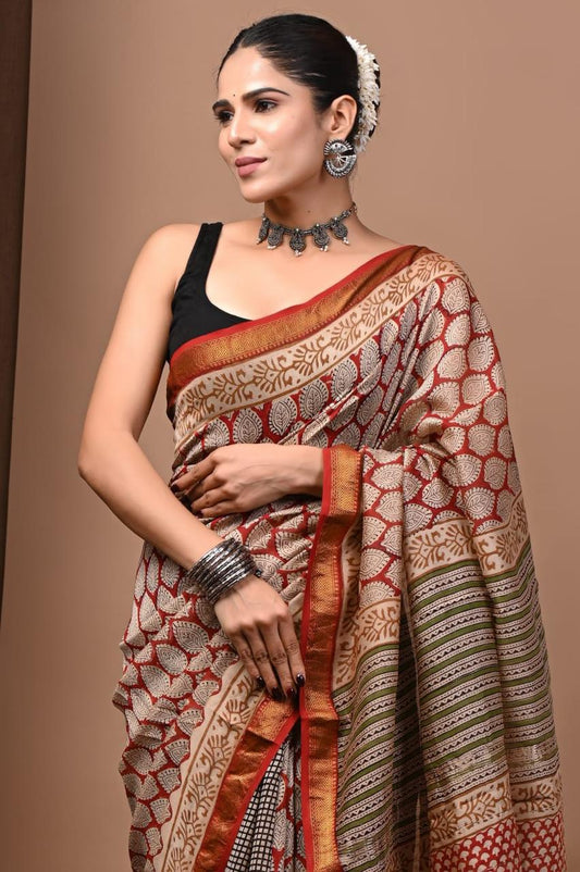 Natural Color Hand Block Print Saree