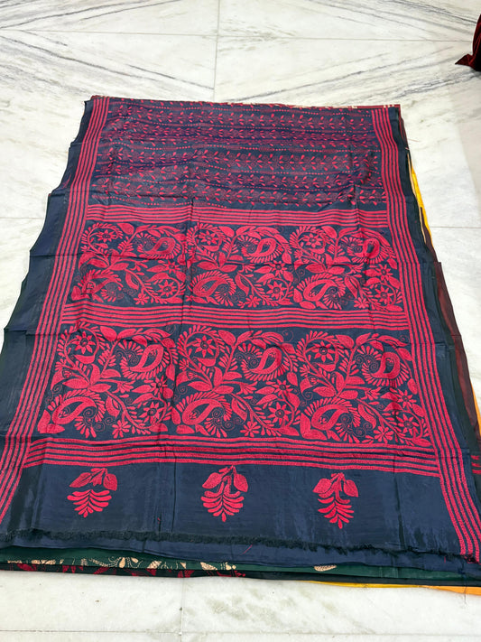 Blended Bangalore Silk Hand Crafted Kantha Stitch Saree