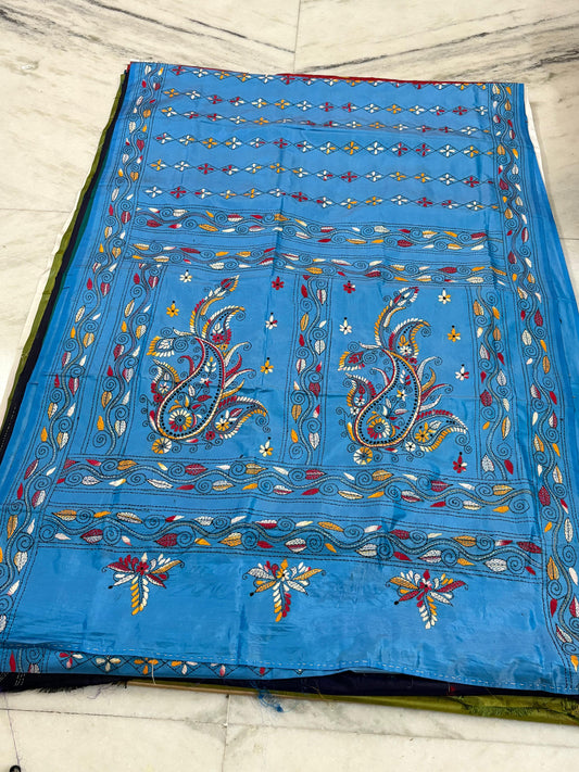 Blended Bangalore Silk Hand Crafted Kantha Stitch Saree