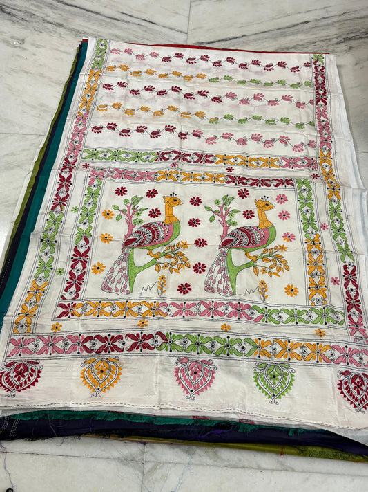 Blended Bangalore Silk Hand Crafted Kantha Stitch Saree