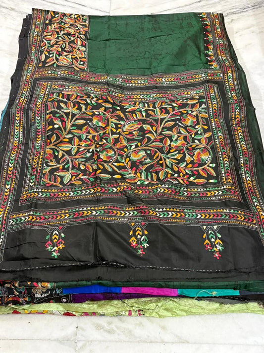 Pure Bangalore Silk Hand Crafted Kantha Stitch Saree