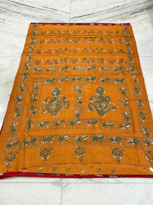 Blended Murshidabad Silk Hand Crafted Kantha Stitch Saree