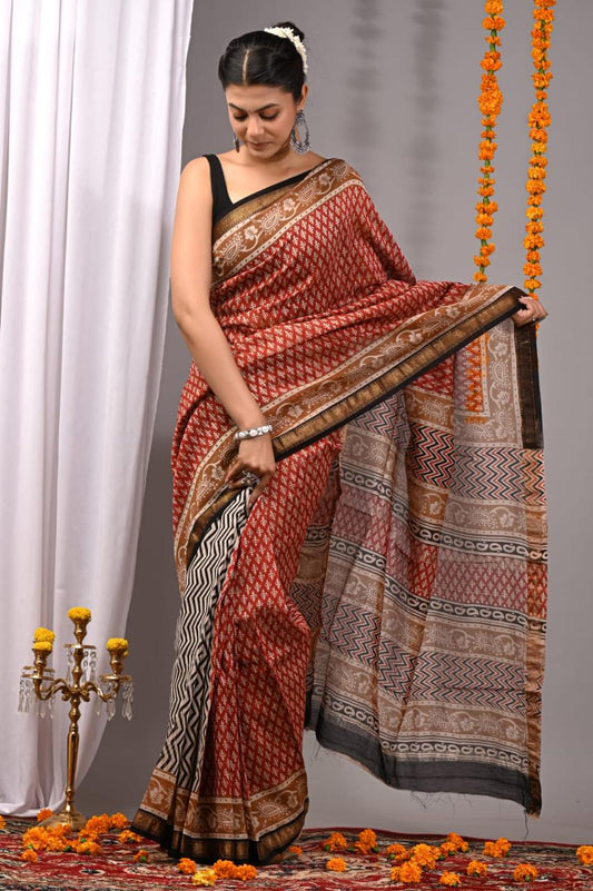 Natural Color Hand Block Print Saree