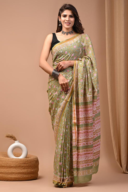 Hand Block Printing Saree on Cotton Zari
