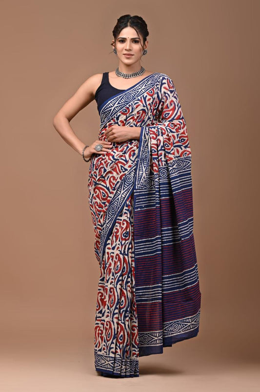 Natural Color Hand Block Print Saree