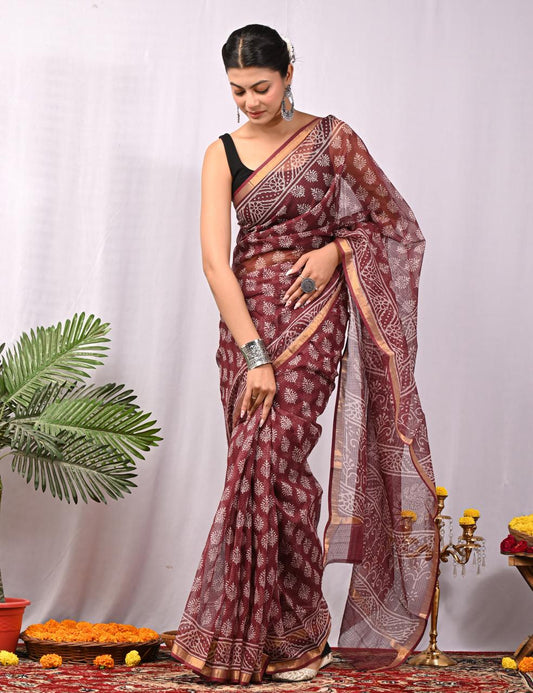 Hand Block Printing Saree on Kota Silk