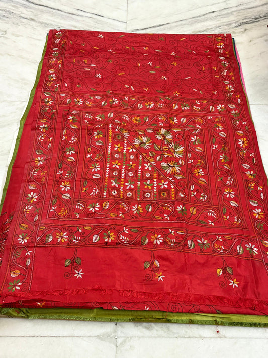 Blended Bangalore Silk Hand Crafted Kantha Stitch Saree