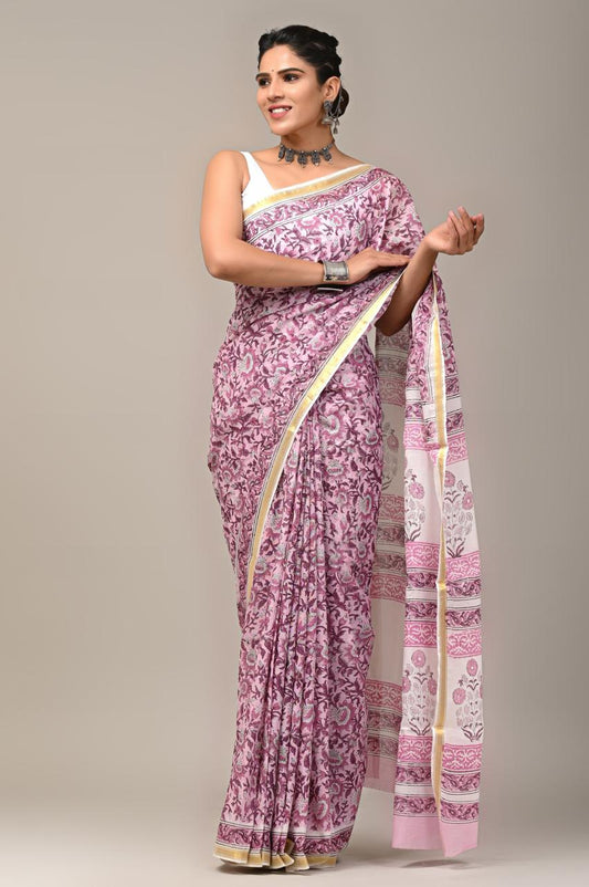 Hand Block Printing Saree on Cotton Zari