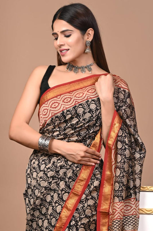 Natural Color Hand Block Print Saree
