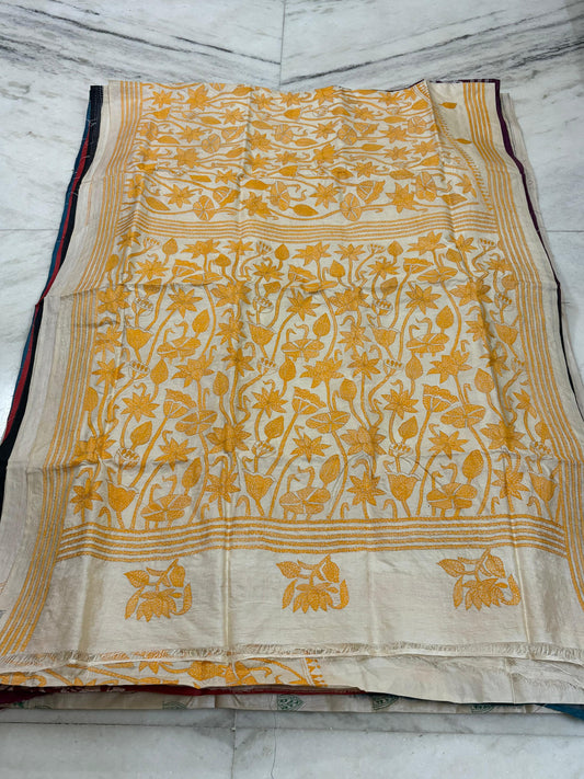 Korean Tussar Handicrafts Kantha Stitch Saree