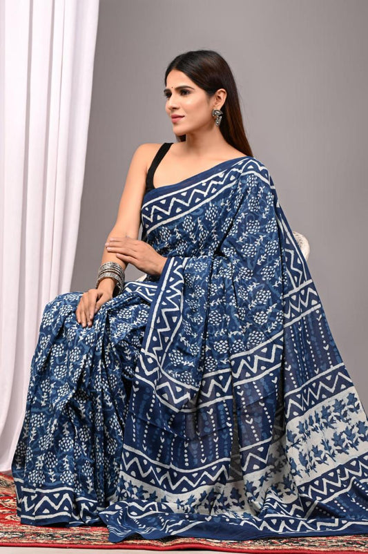 Hand Block Printing Saree with Indigo Dyes