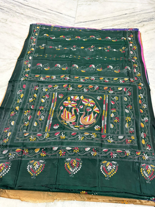 Blended Murshidabad Silk Hand Crafted Kantha Stitch Saree
