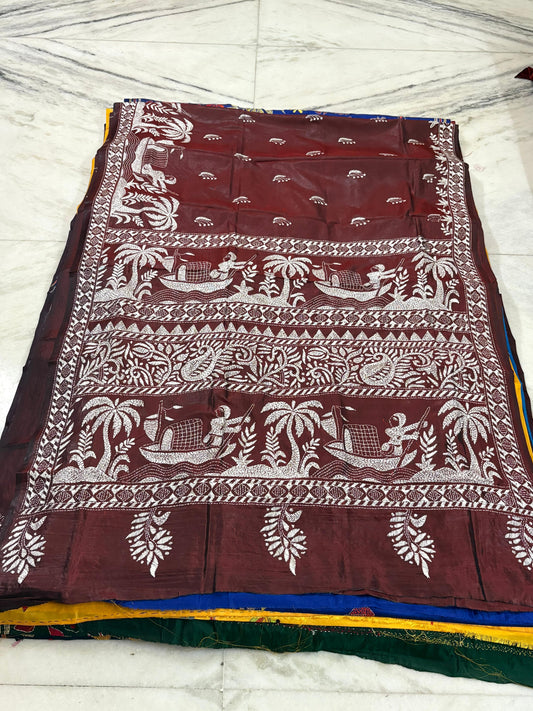 Blended Bangalore Silk Hand Crafted Kantha Stitch Saree