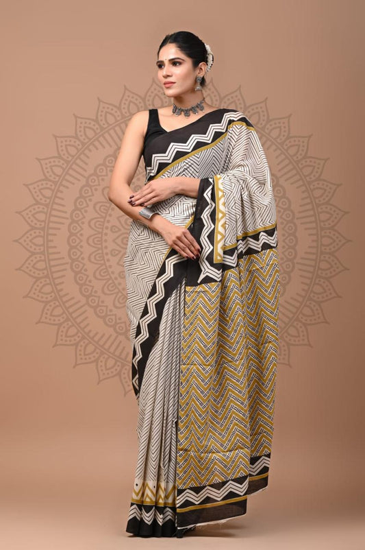 Natural Color Hand Block Print Saree