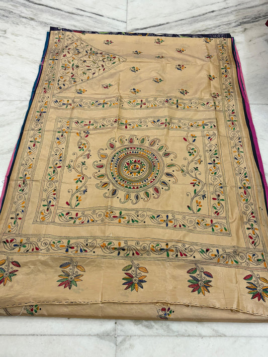 Blended Bangalore Silk Hand Crafted Kantha Stitch Saree