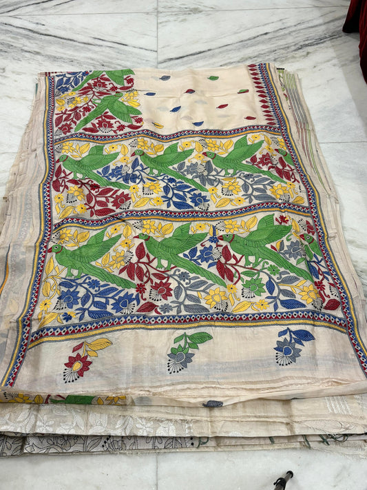 Korean Tussar Handicrafts Kantha Stitch Saree
