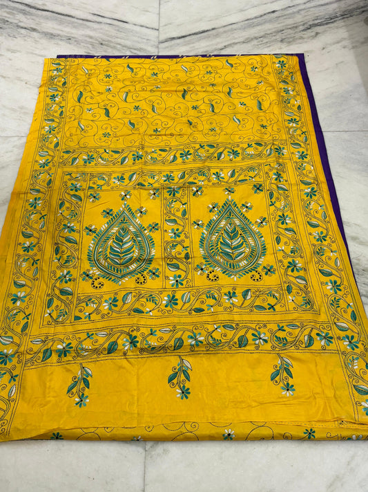Blended Murshidabad Silk Hand Crafted Kantha Stitch Saree