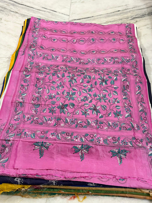 Blended Murshidabad Silk Hand Crafted Kantha Stitch Saree
