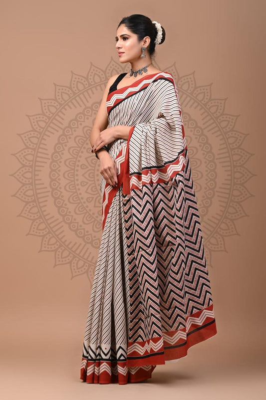 Natural Color Hand Block Print Saree