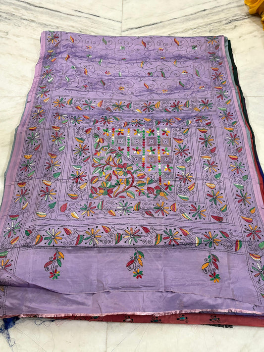 Blended Murshidabad Silk Hand Crafted Kantha Stitch Saree