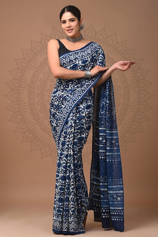 Hand Block Printing Saree with Indigo Dyes