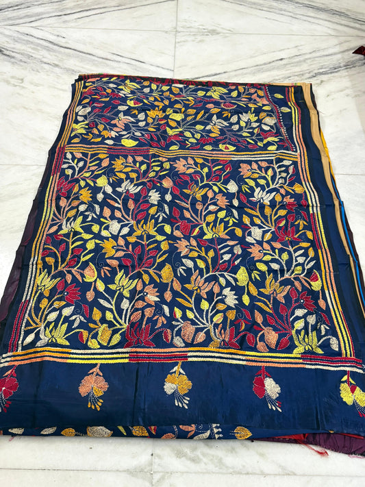 Blended Bangalore Silk Hand Crafted Kantha Stitch Saree