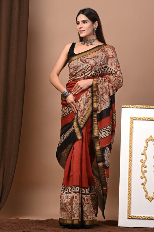 Natural Color Hand Block Print Saree