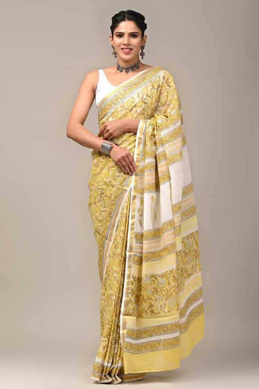 Hand Block Printing Saree on Cotton Zari