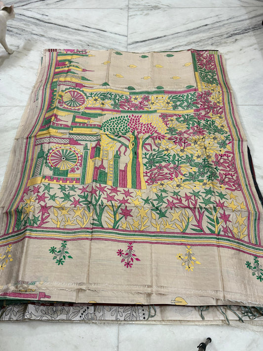 Pure Gachhi Tussar Handicrafts Kantha Stitch Saree