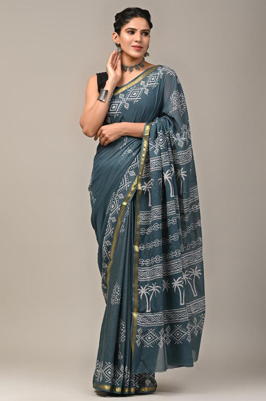Hand Block Printing Saree on Cotton Zari
