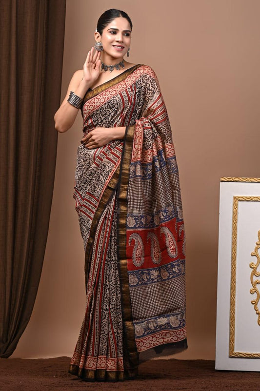 Natural Color Hand Block Print Saree