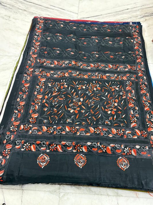Blended Bangalore Silk Hand Crafted Kantha Stitch Saree