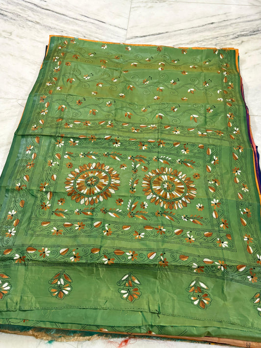 Blended Murshidabad Silk Hand Crafted Kantha Stitch Saree