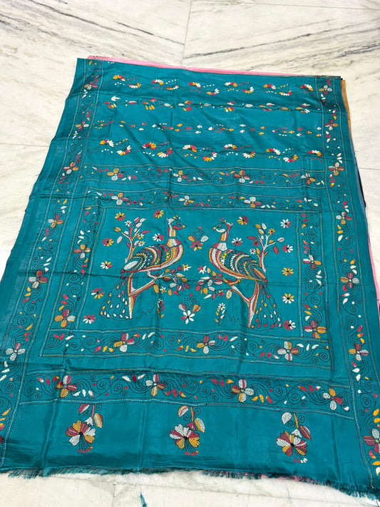 Blended Murshidabad Silk Hand Crafted Kantha Stitch Saree