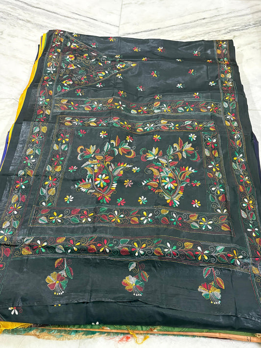 Blended Murshidabad Silk Hand Crafted Kantha Stitch Saree