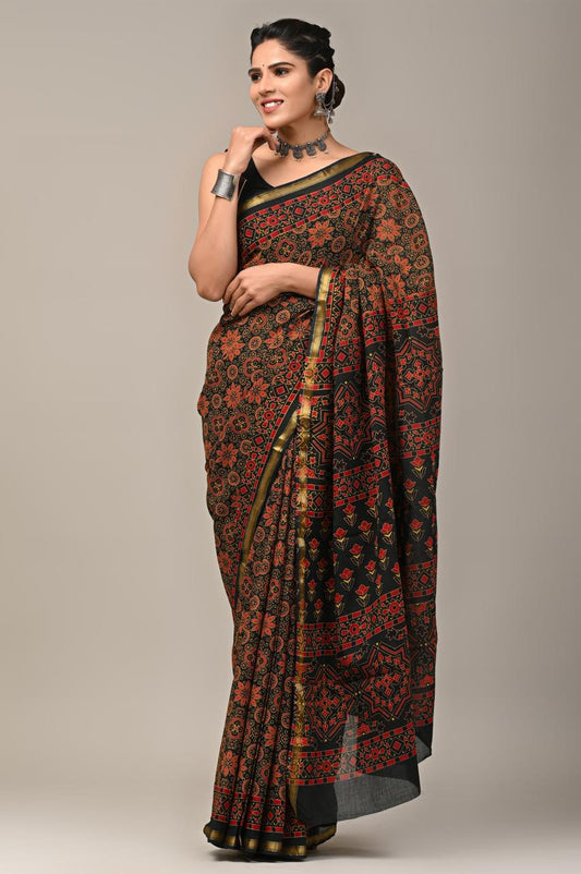 Hand Block Printing Saree on Cotton Zari