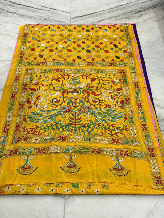 Blended Murshidabad Silk Hand Crafted Kantha Stitch Saree