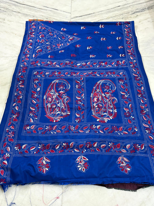 Blended Murshidabad Silk Hand Crafted Kantha Stitch Saree