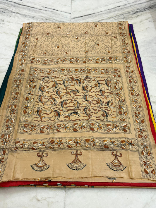 Blended Murshidabad Silk Hand Crafted Kantha Stitch Saree