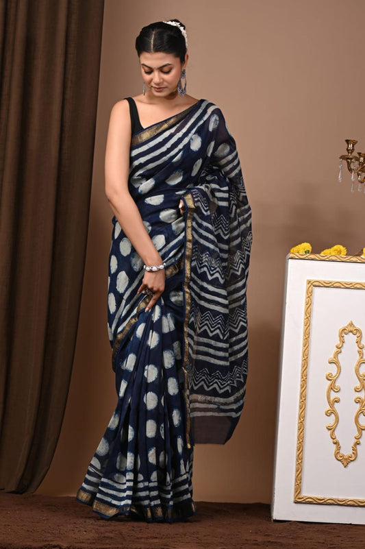 Natural Color Hand Block Print Saree